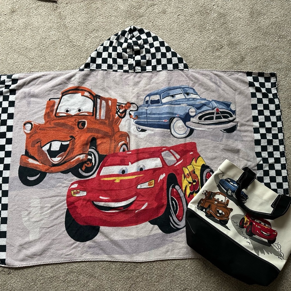 Pottery Barn Kids Disney Cars Canvas Tote Bag AND hooded towel